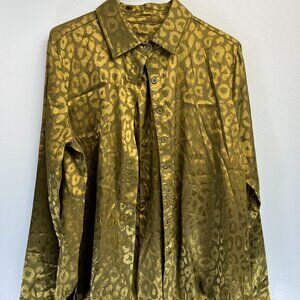 Silk Green Button Down Shirt - Leopard Silk Print - Size Small